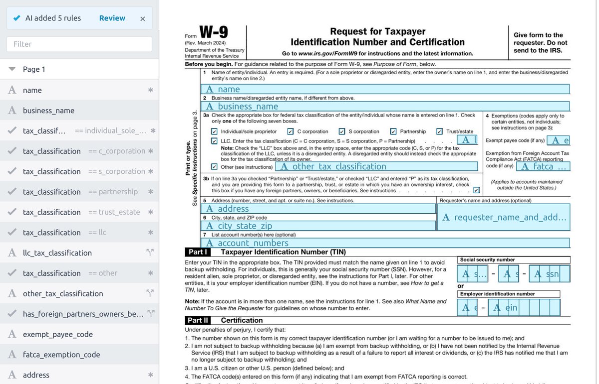 An IRS Form W-9 in the template editor after AI field setup, with named fields and five conditional logic rules